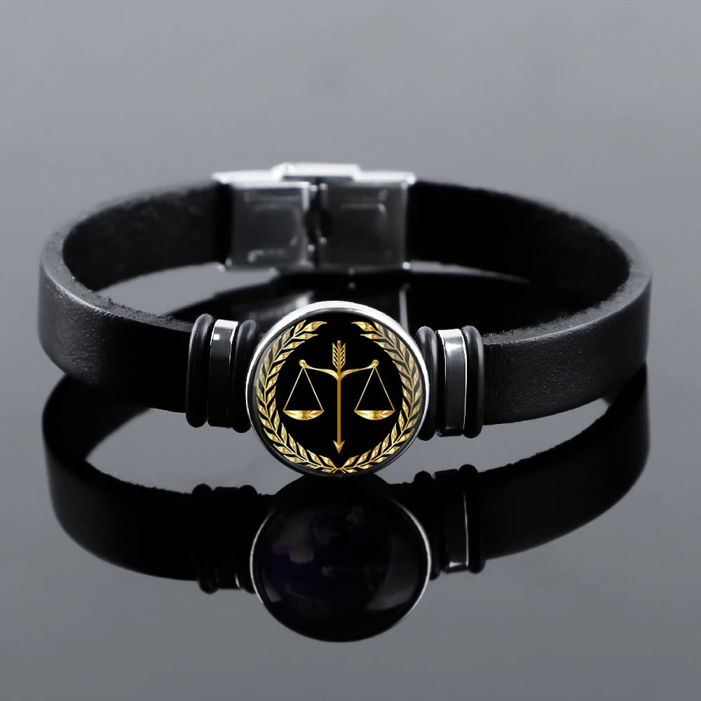 Bracelet en cuir noir – Balance de la Justice
