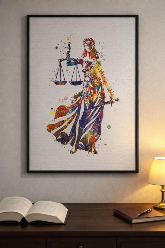 Tableau Lady Justice Chromatique encadré noir – représentation artistique colorée de la déesse de la justice avec balance et glaive