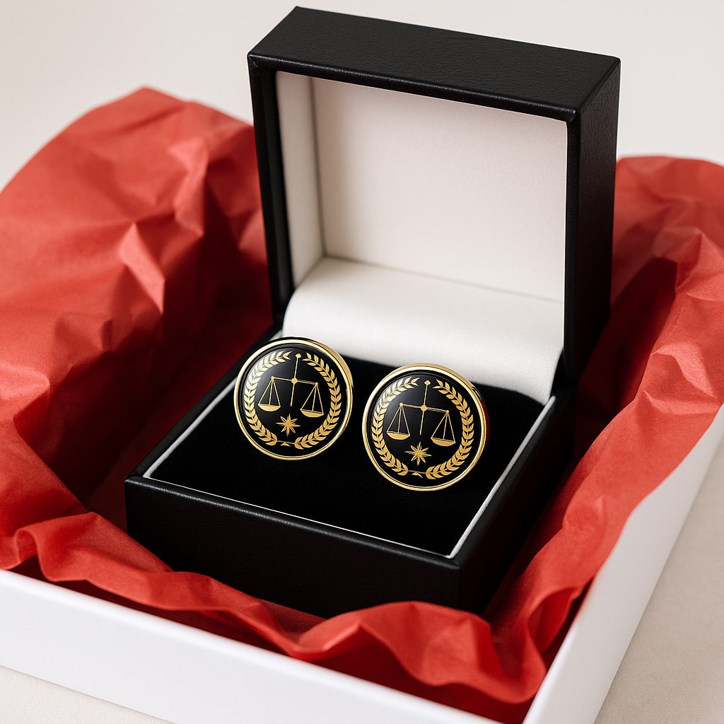 Boutons de manchette symbole balance de la justice sur fond clair – Boutique Easy Droit