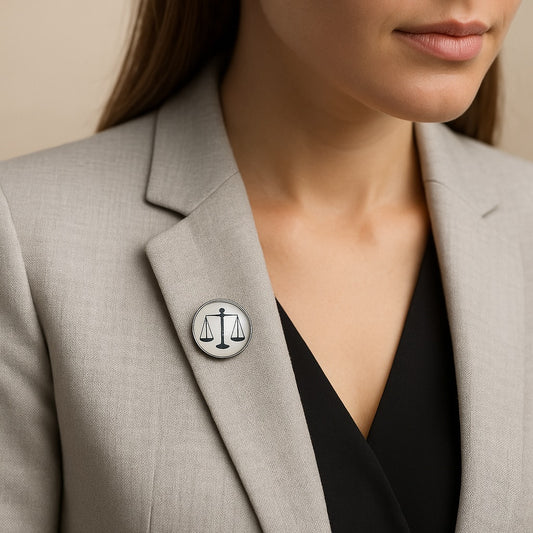 Femme élégante en tailleur crème portant une broche Balance de la Justice 20 mm – Boutique Easy Droit