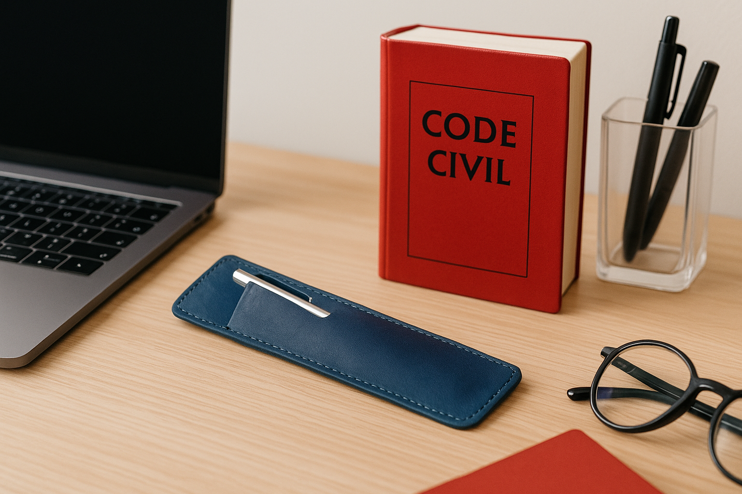 Étui à stylo en cuir bleu sur un bureau d’étudiant en droit avec laptop et Code civil – accessoire chic et fonctionnel pour les passionnés de justice – Boutique Easy Droit