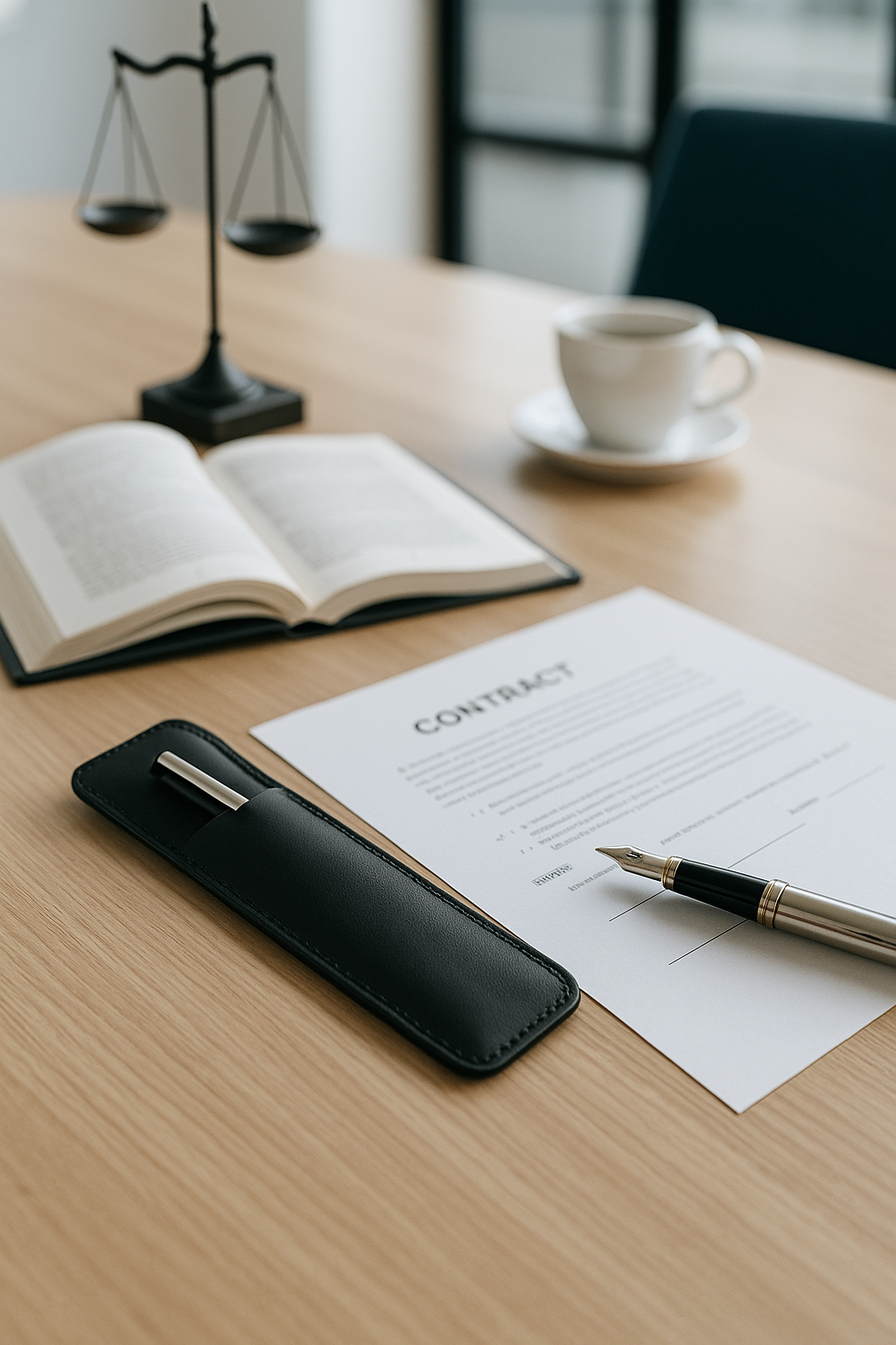 Étui à stylo en cuir noir sur bureau moderne avec documents juridiques et ordinateur portable – style contemporain et raffiné – Boutique Easy Droit