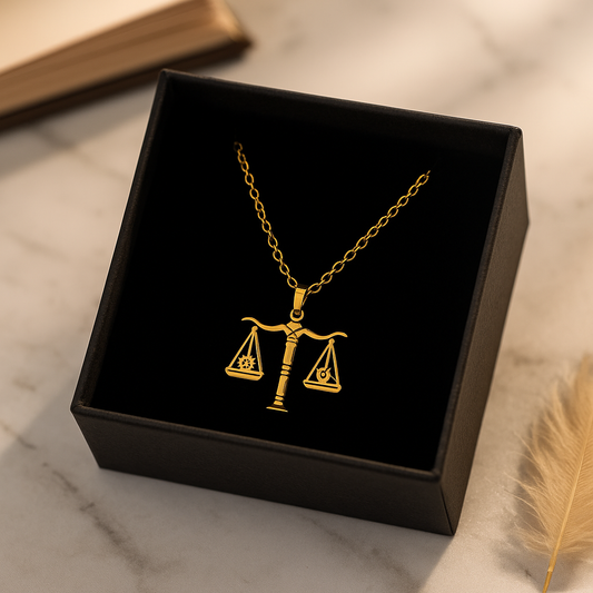 Collier Balance de la Justice présenté dans un écrin élégant – Boutique Easy Droit