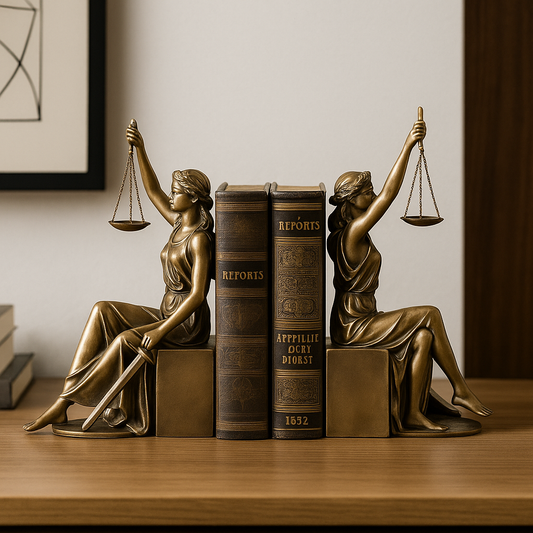 Serre-livres Déesse de la Justice en bronze, posés sur un bureau élégant – Symbole d’équilibre et d’autorité dans l’univers juridique – Boutique Easy Droit