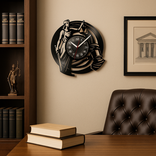 Horloge murale en vinyle représentant la déesse de la justice avec balance et glaive – décoration élégante pour bureau d’avocat – Boutique Easy Droit