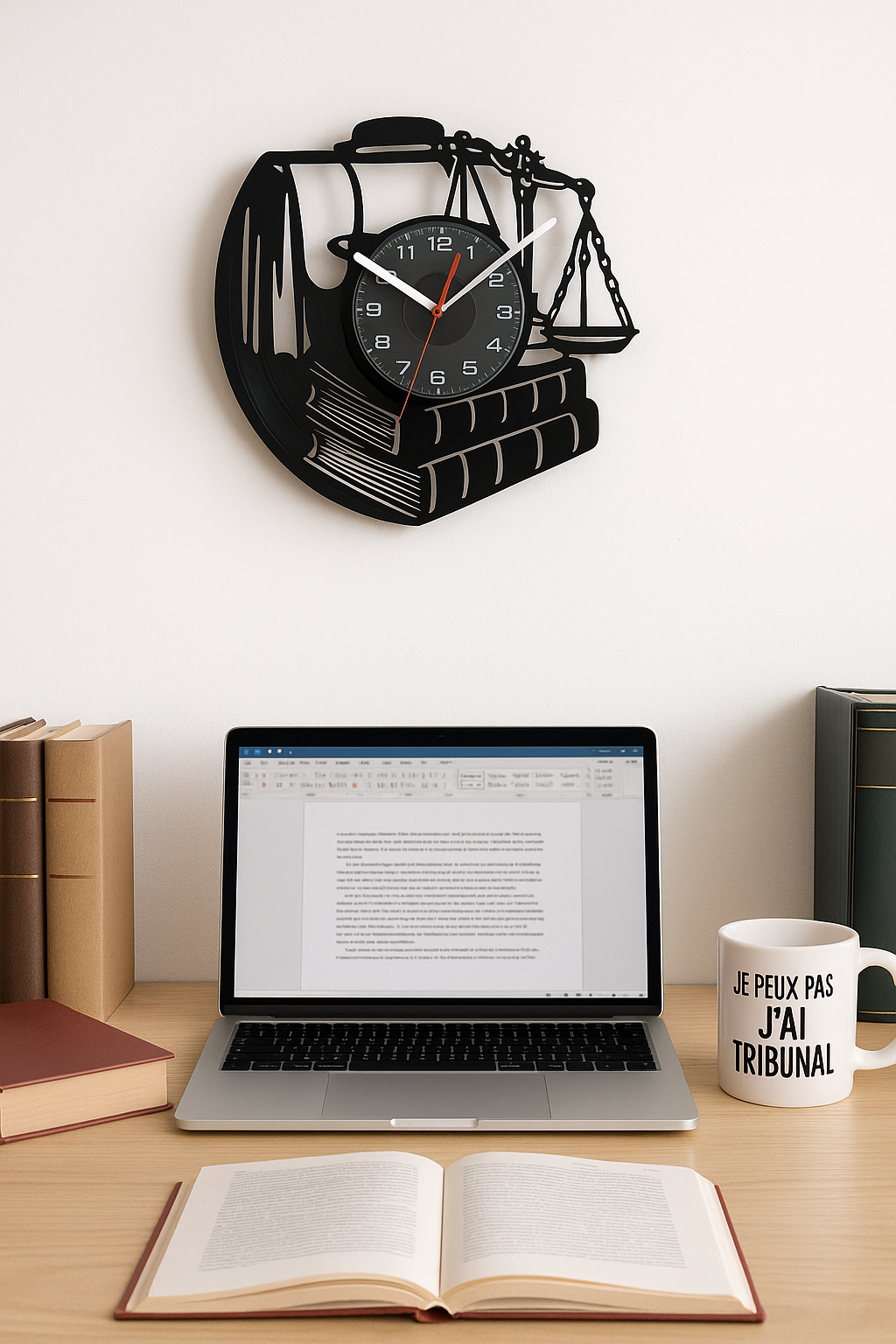 Horloge murale en vinyle décorée de livres de droit et d’une balance de la justice – design symbolique et raffiné – Boutique Easy Droit