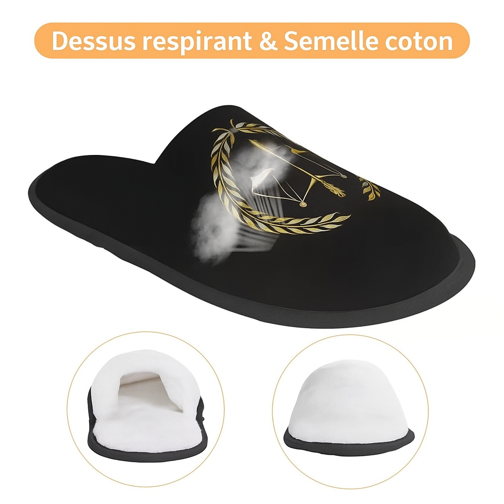 Pantoufles noires avec symbole doré de la Justice, dessus respirant et semelle intérieure en coton, confort et légèreté – Boutique Easy Droit
