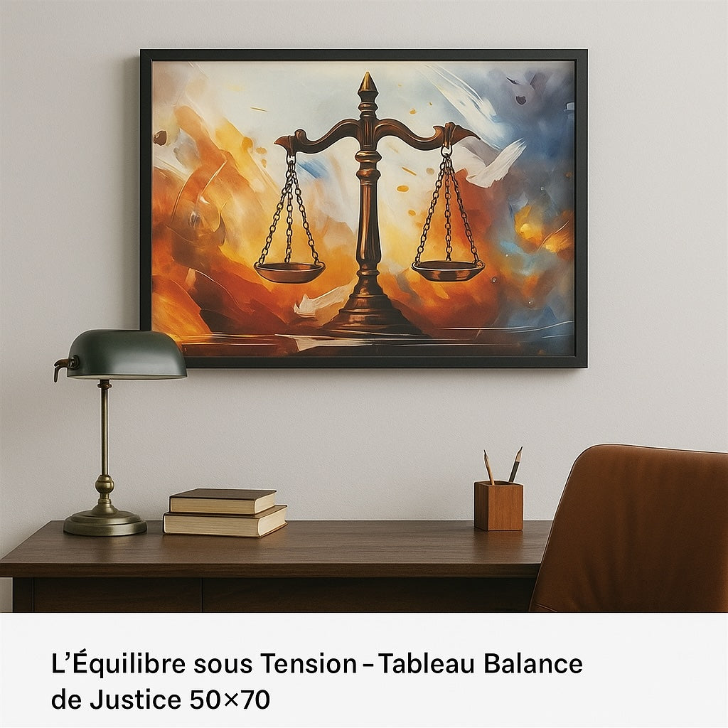 Tableau L’Équilibre sous Tension accroché au-dessus d’un bureau de juriste, ambiance élégante et professionnelle – Boutique Easy Droit