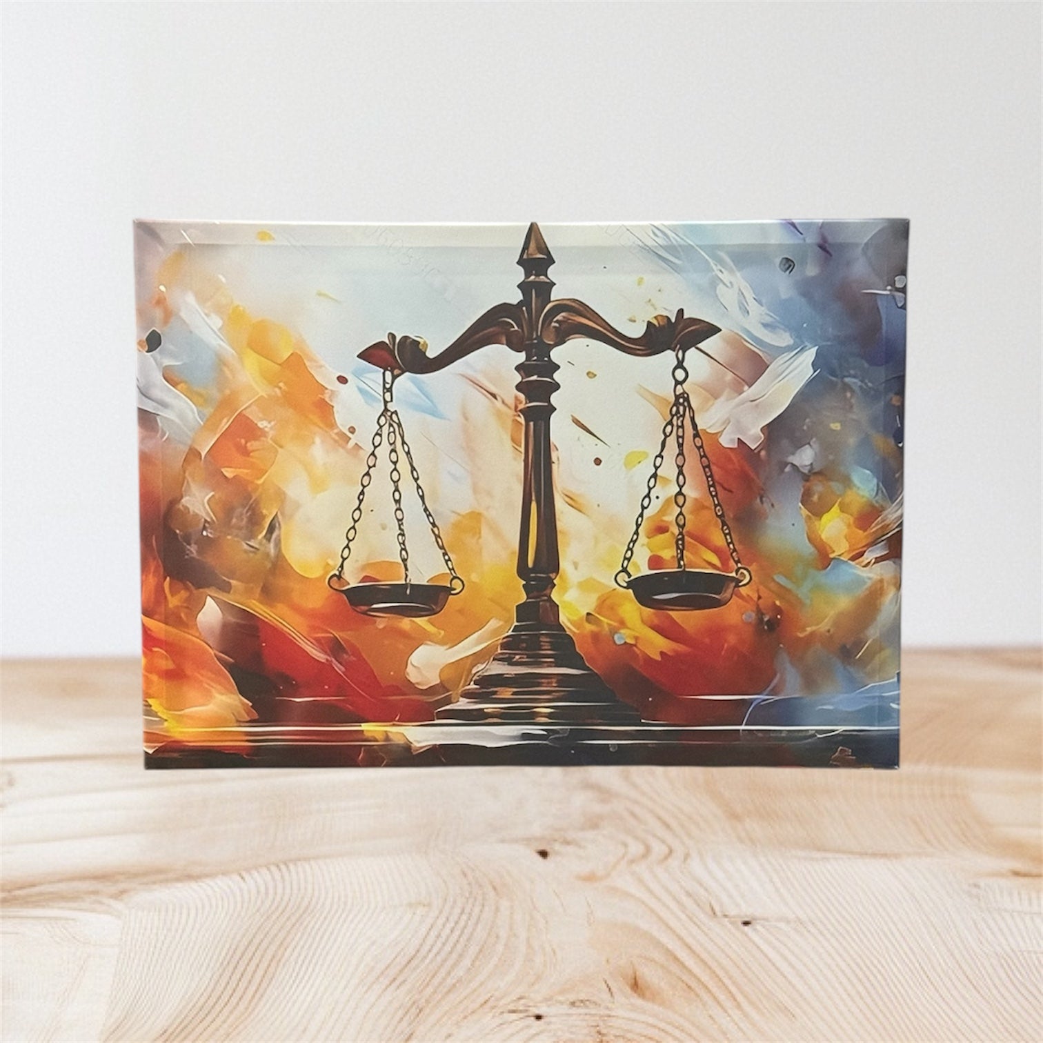 Tableau L’Équilibre sous Tension exposé sur une table en bois clair, décoration juridique élégante – Boutique Easy Droit