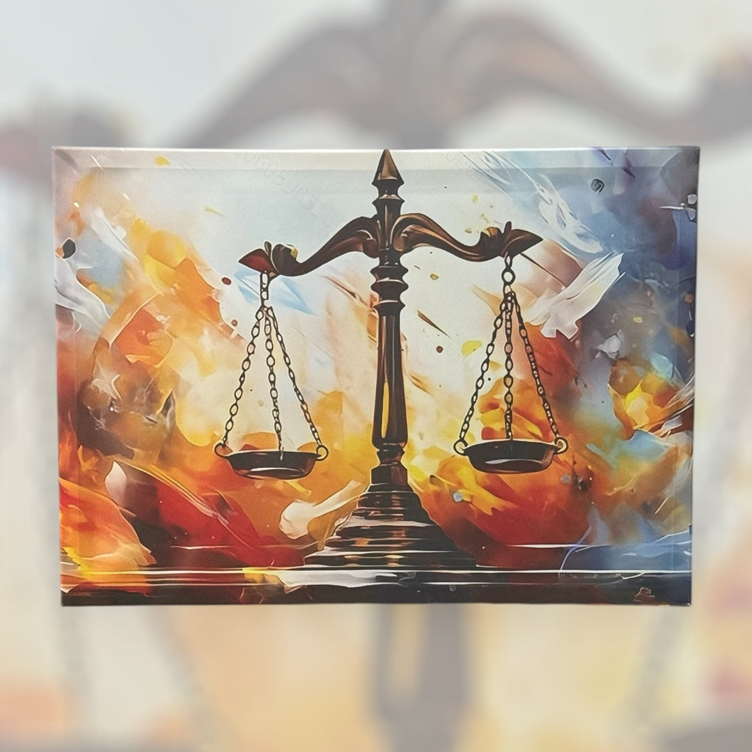 Tableau L’Équilibre sous Tension, balance de la justice sur fond abstrait orange et bleu, effet artistique – Boutique Easy Droit