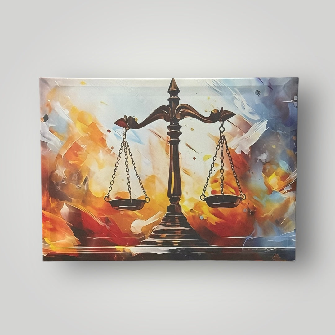 Tableau Balance de la Justice 50×70 aux couleurs flamboyantes, œuvre L’Équilibre sous Tension – Boutique Easy Droit