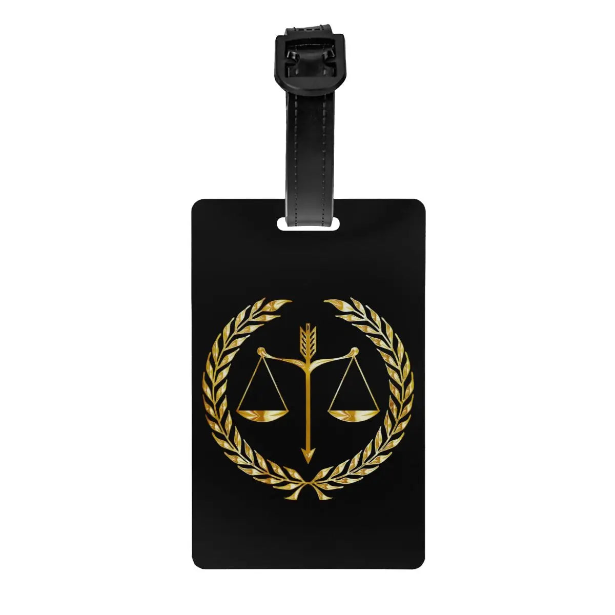 Étiquette de voyage noire avec balance dorée et couronne de laurier – symbole de la justice – Boutique Easy Droit
