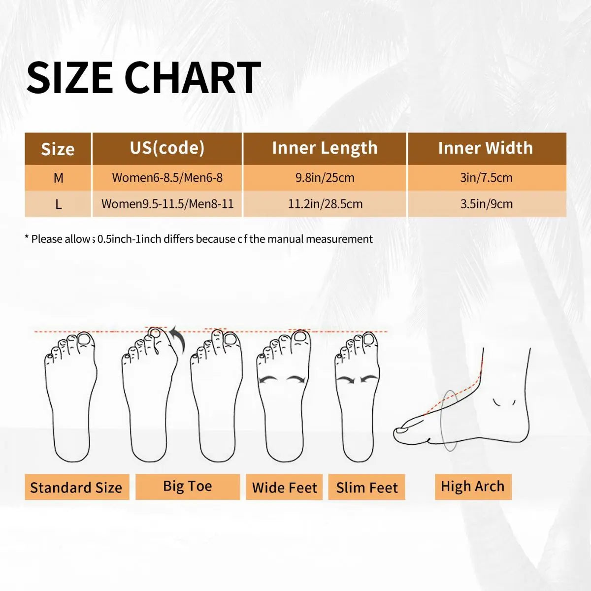 Guide des tailles des pantoufles Justice, tailles M et L, longueur interne et illustrations des formes de pieds – Boutique Easy Droit