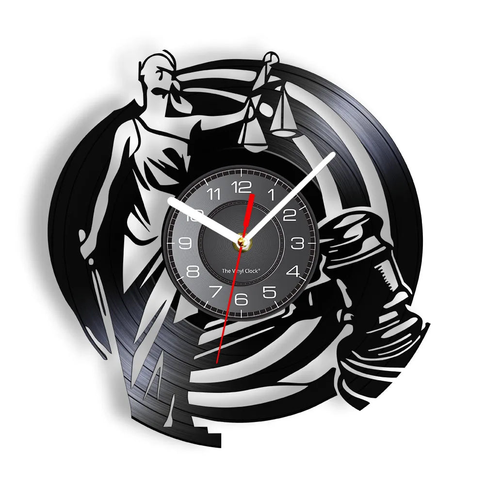 Horloge murale en vinyle représentant la déesse de la justice avec balance et glaive – décoration élégante pour bureau d’avocat – Boutique Easy Droit