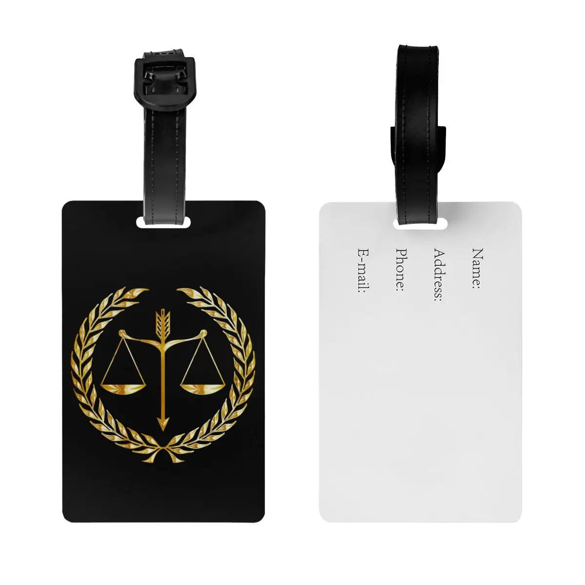 Étiquette de voyage Justice recto-verso, avec balance dorée sur fond noir et carte d’identification au verso – Boutique Easy Droit