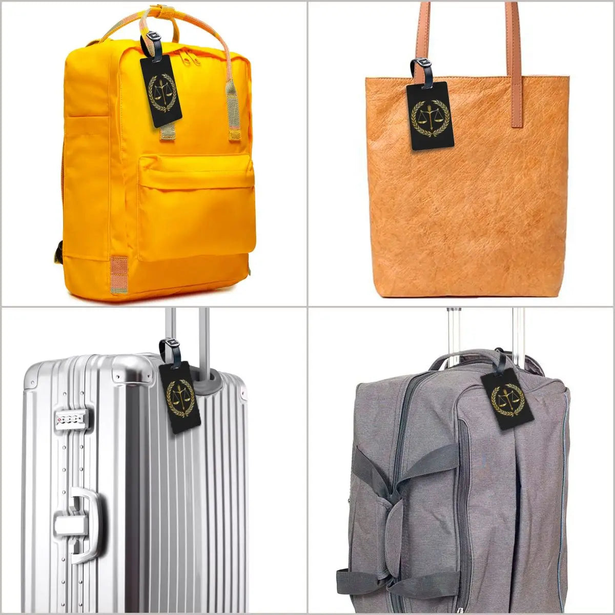 Détail du motif doré balance de la justice sur étiquette de bagage – finition brillante et soignée – Boutique Easy Droit