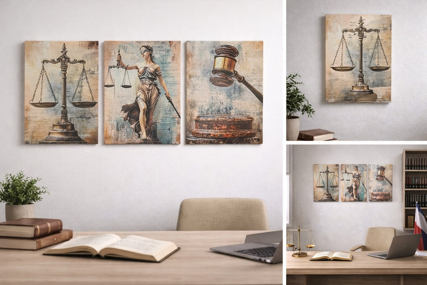 Triptyque justice décoratif dans cabinet d’avocat moderne clair – Boutique Easy Droit