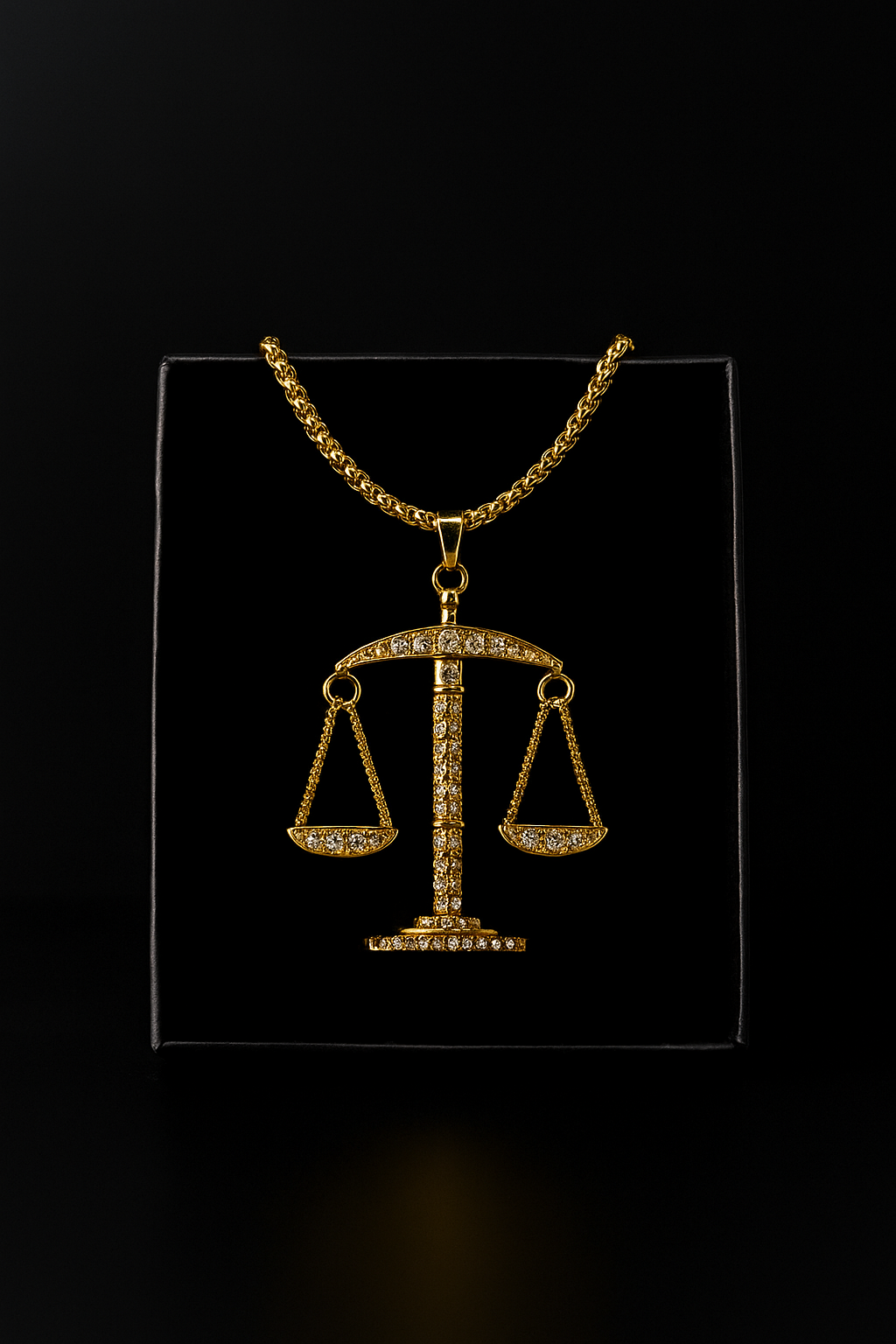 Pendentif Balance de la Justice doré présenté dans un écrin noir élégant – Boutique Easy Droit