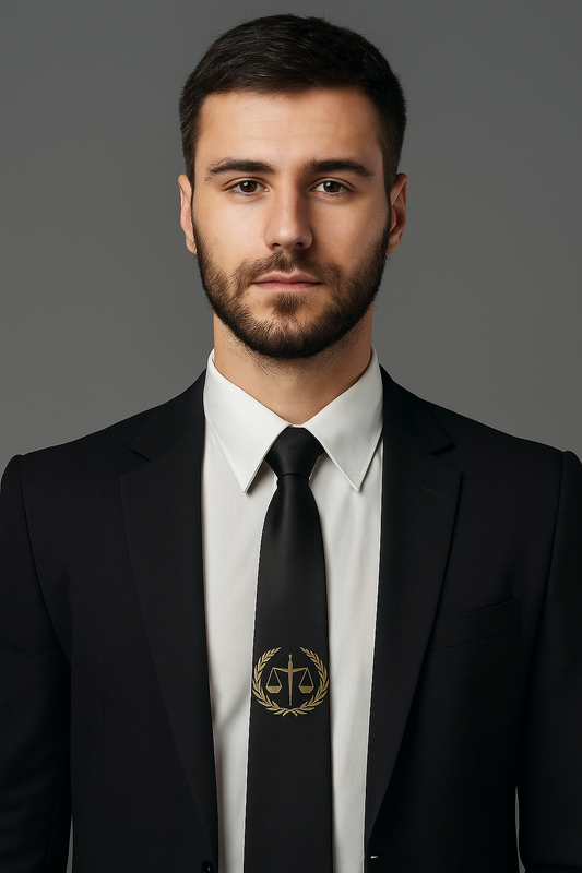 Cravate Justice portée avec chemise blanche – style professionnel et raffiné – Boutique Easy Droit