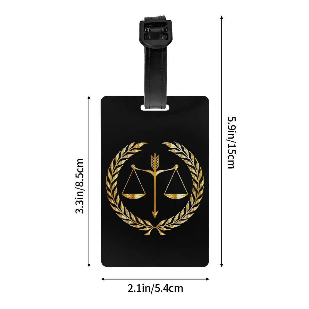 Détail du motif doré balance de la justice sur étiquette de bagage – finition brillante et soignée – Boutique Easy Droit