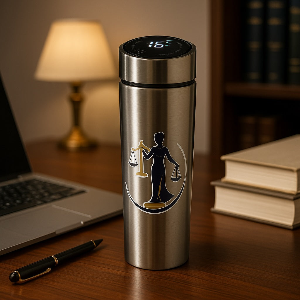 Bouteille isotherme intelligente en acier inoxydable avec Déesse de la Justice sur bureau de juriste – Boutique Easy Droit