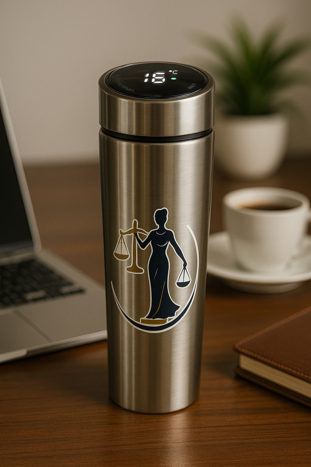 Bouteille isotherme intelligente en acier inoxydable avec Déesse de la Justice sur bureau de juriste – Boutique Easy Droit