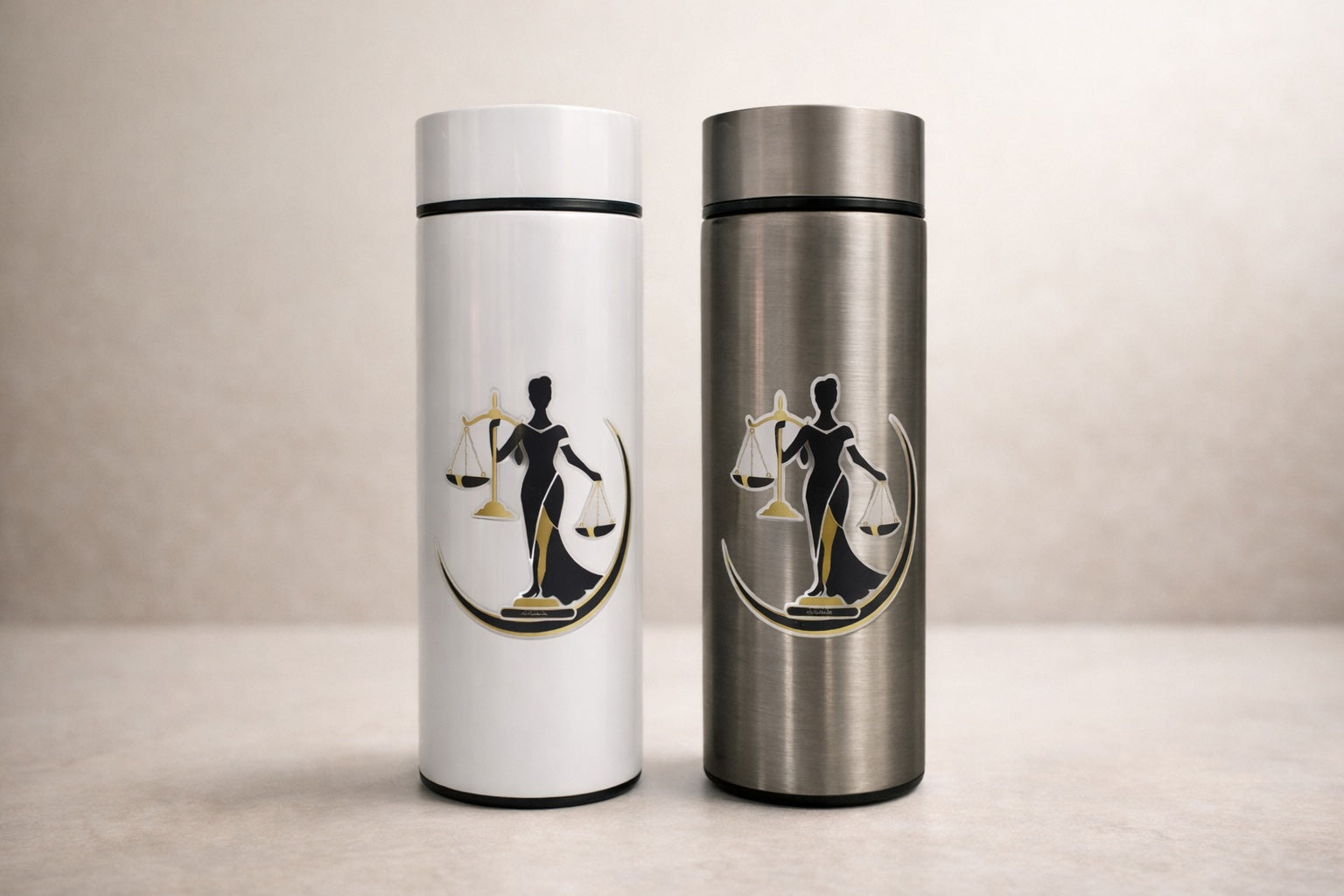 Deux bouteilles isothermes intelligentes Déesse de la Justice 500 ml, modèles acier inoxydable et blanc, avec affichage LED – Boutique Easy Droit
