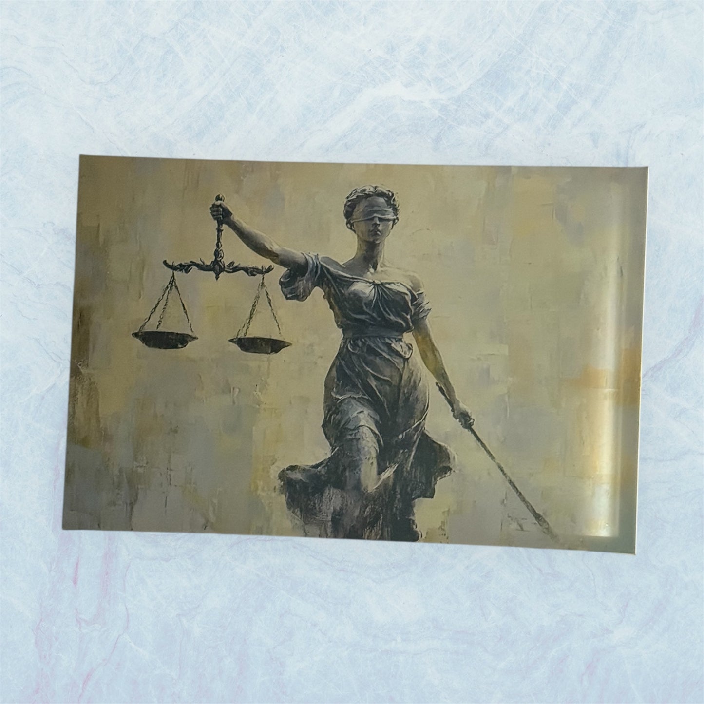 Tableau artistique Lady Justice incarnant la justice et l’impartialité, décoration murale pour juriste sur fond bleu texturé – Boutique Easy Droit