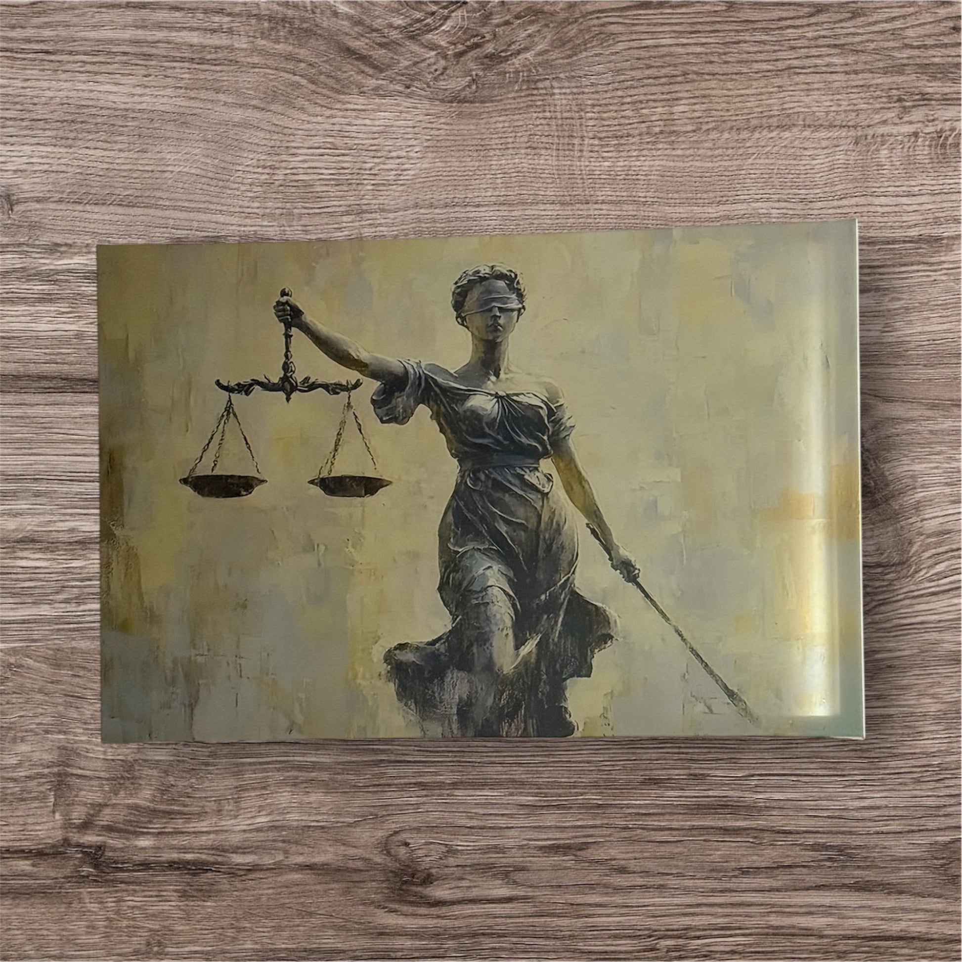 Tableau déesse de la justice au style contemporain, symbole d’équilibre et de rigueur juridique, présenté sur mur en bois naturel – Boutique Easy Droit