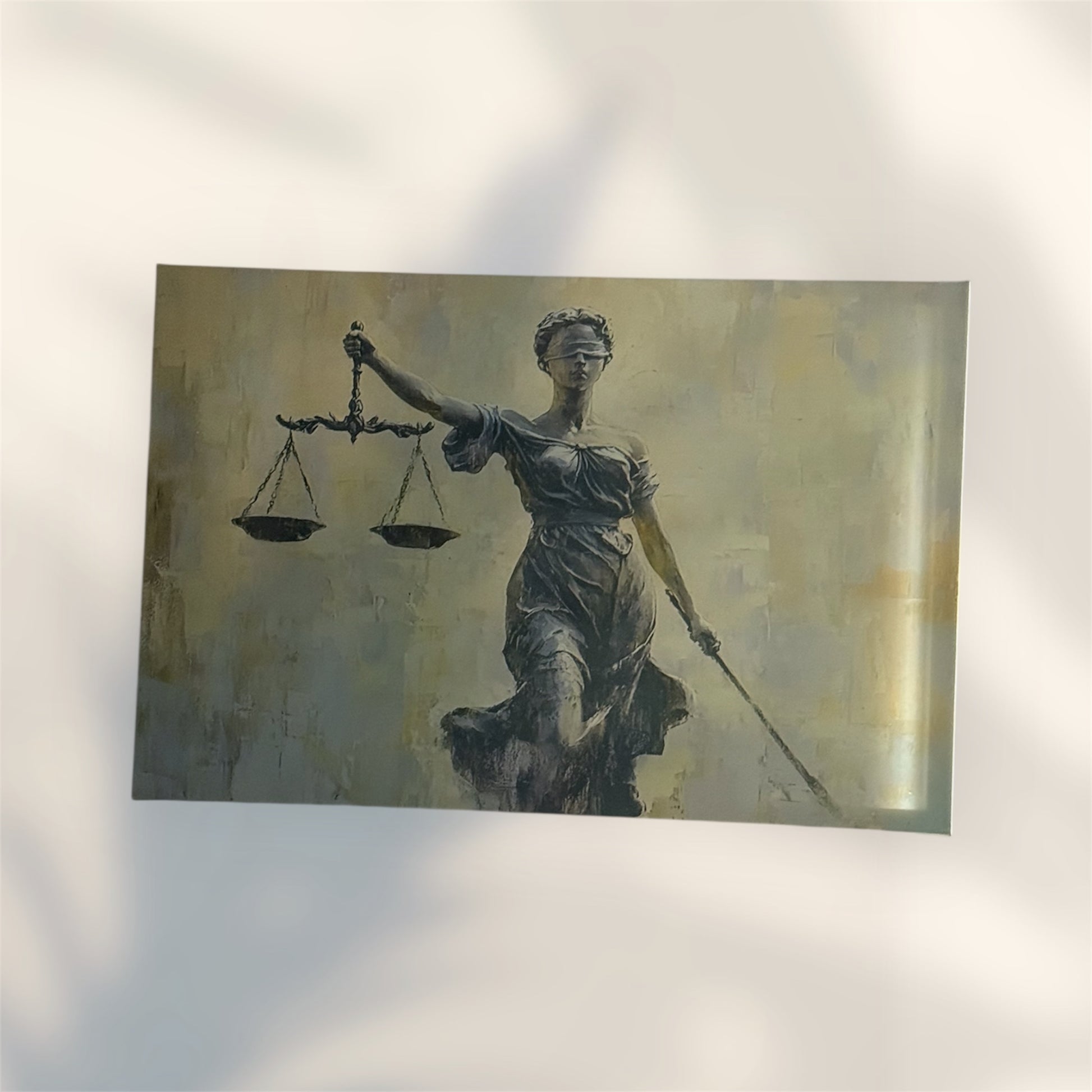 Tableau déesse de la justice tenant la balance et le glaive, art mural juridique aux tons sobres, exposé sur mur blanc avec jeux d’ombres – Boutique Easy Droit
