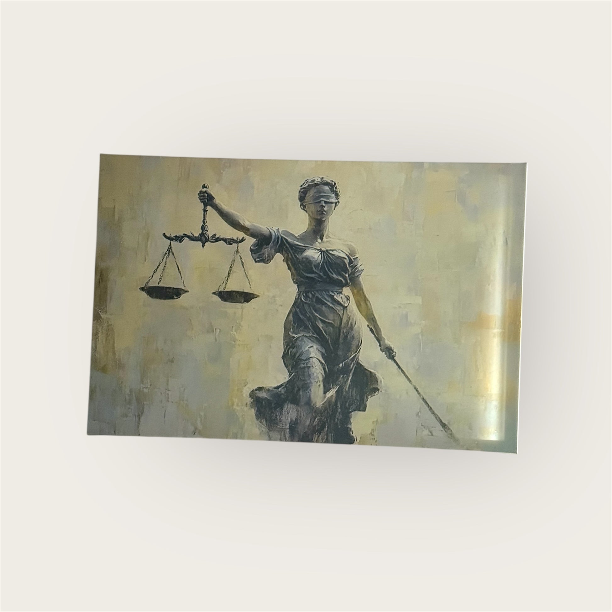 Tableau Lady Justice moderne représentant l’équilibre et l’autorité du droit, décoration murale juridique élégante sur mur clair – Boutique Easy Droit