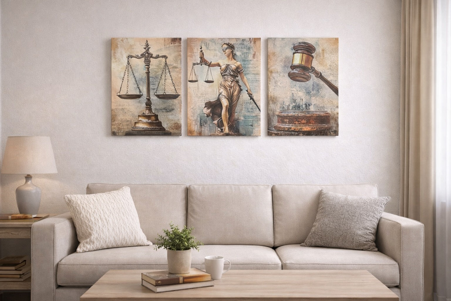 Triptyque justice Les Trois Temps du Juste dans salon clair et élégant – Boutique Easy Droit