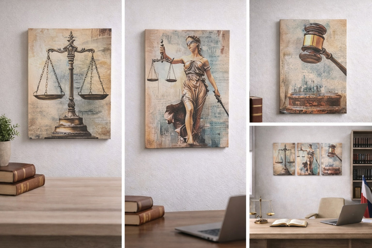 Triptyque justice Les Trois Temps du Juste 3 toiles 30x40 cm décoration juridique – Boutique Easy Droit