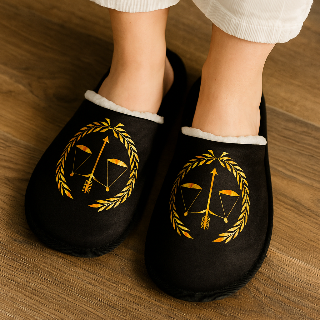 Pantoufles noires à motif doré de la Balance de la Justice entourée de lauriers, portées sur un sol en bois clair – Boutique Easy Droit