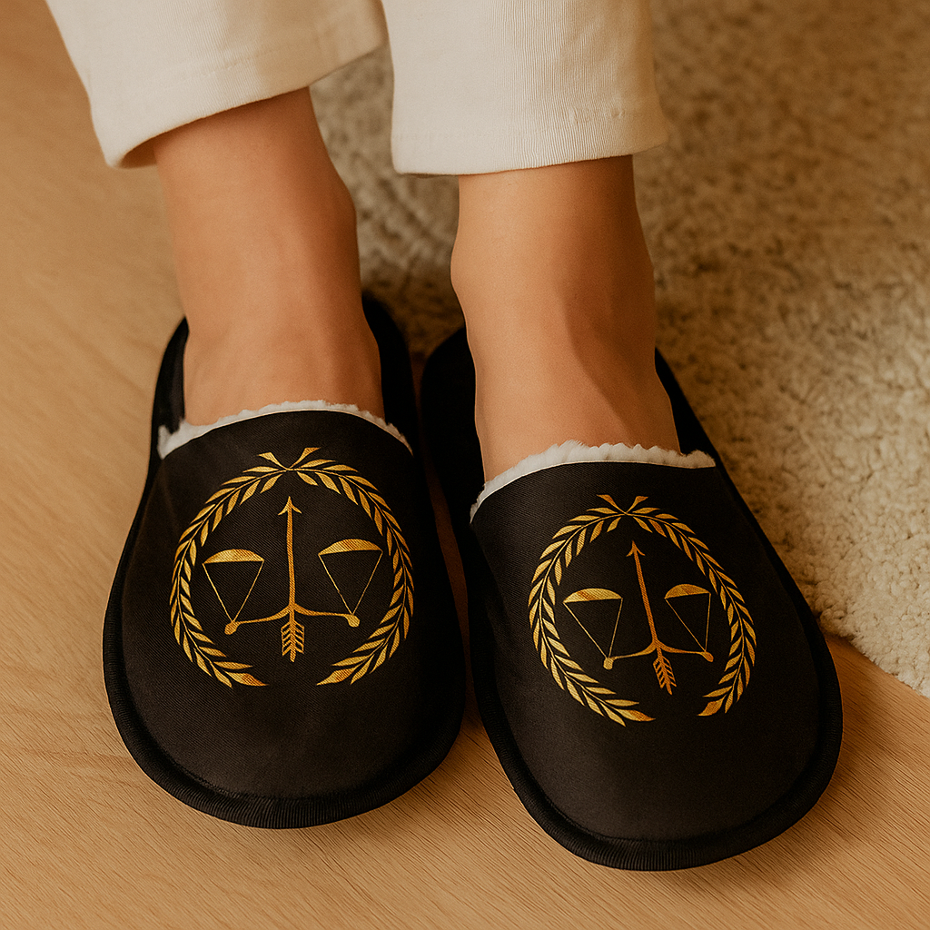 Pantoufles noires à motif doré de la Balance de la Justice entourée de lauriers, portées sur un sol en bois clair – Boutique Easy Droit