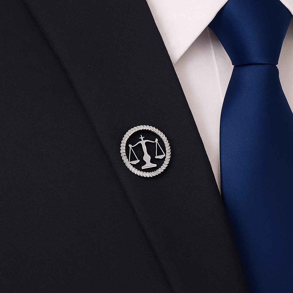 Pins Balance de la Justice argenté porté sur costume élégant – symbole d’équilibre et d’autorité – Boutique Easy Droit