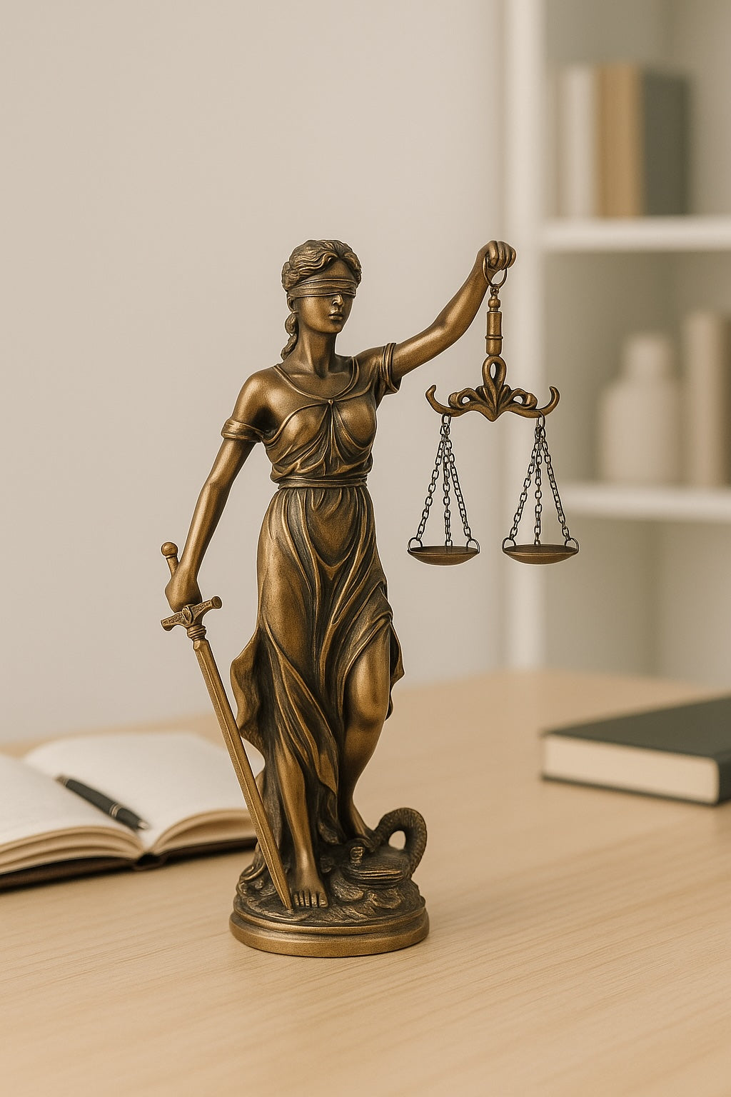 Statue de la Justice en bronze antique posée sur un bureau clair, ambiance moderne et lumineuse, avec livre ouvert en arrière-plan – Boutique Easy Droit