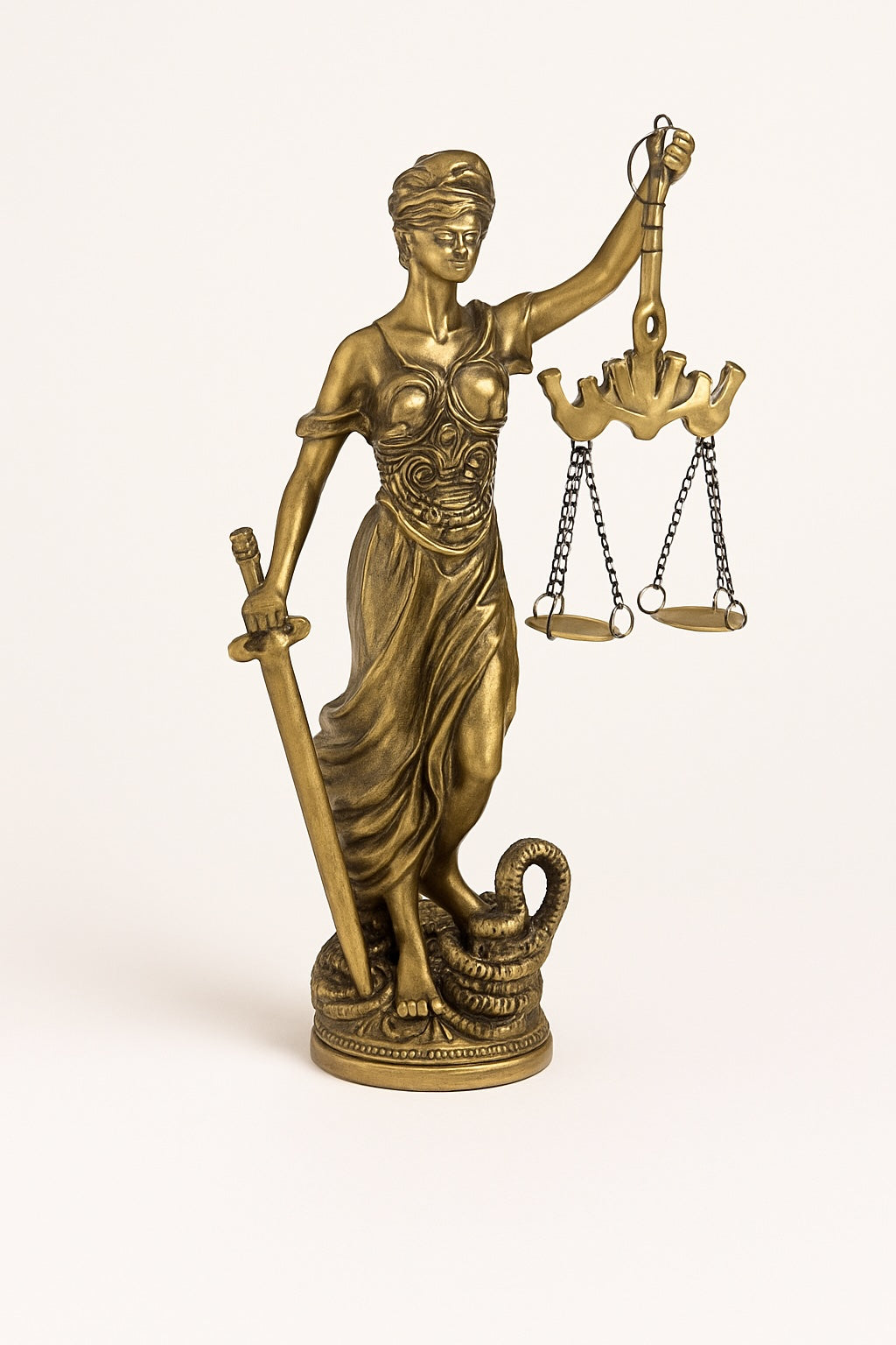 Statue de la Justice en résine finition bronze antique, tenue par Thémis avec balance et glaive, présentée en packshot fond blanc – Boutique Easy Droit