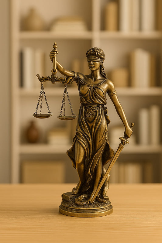Statue de la Justice en résine bronze antique posée sur une table en bois clair, avec bibliothèque floutée en fond pour une ambiance contemporaine – Boutique Easy Droit