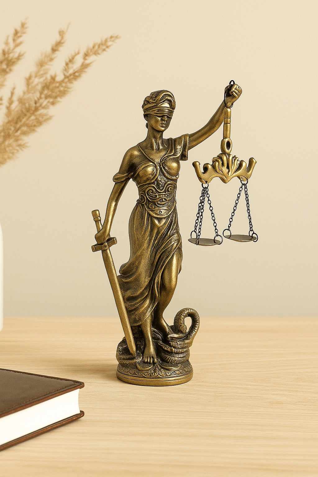 Statue de la Justice en résine bronze antique posée sur un bureau élégant, balance suspendue et glaive, décoration juridique raffinée – Boutique Easy Droit