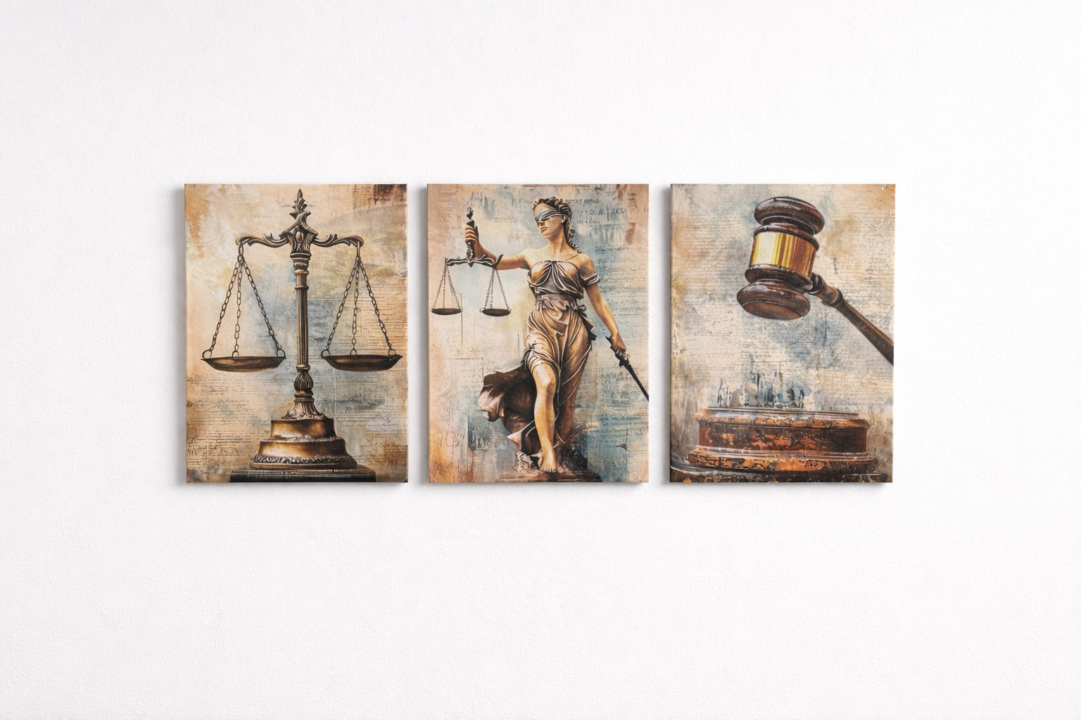 Triptyque justice 3 toiles sur mur blanc épuré décoration professionnelle – Boutique Easy Droit